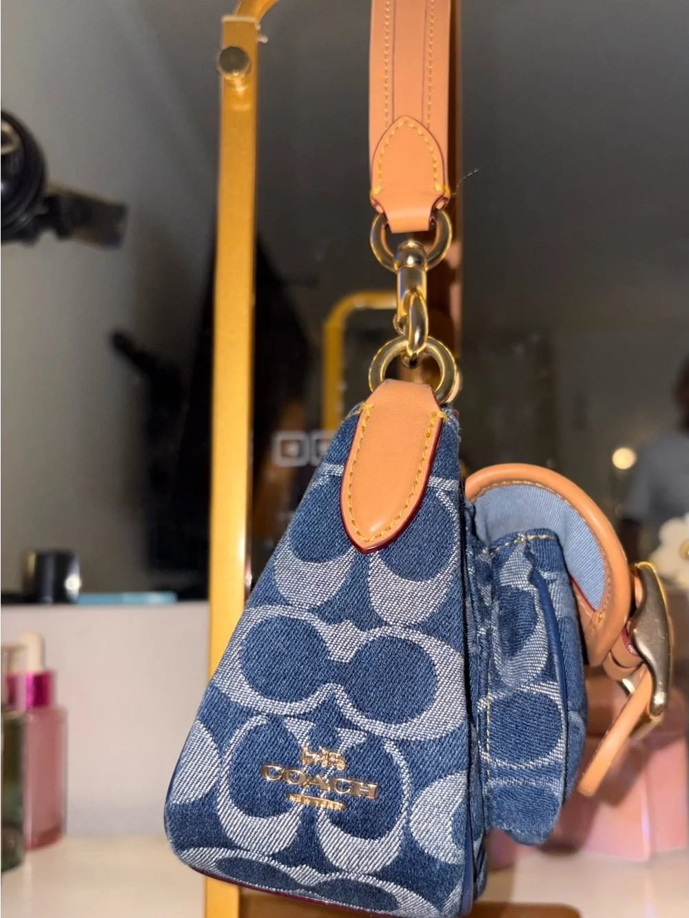 Blue Logo-Print Shoulder Bag with Tan Trim